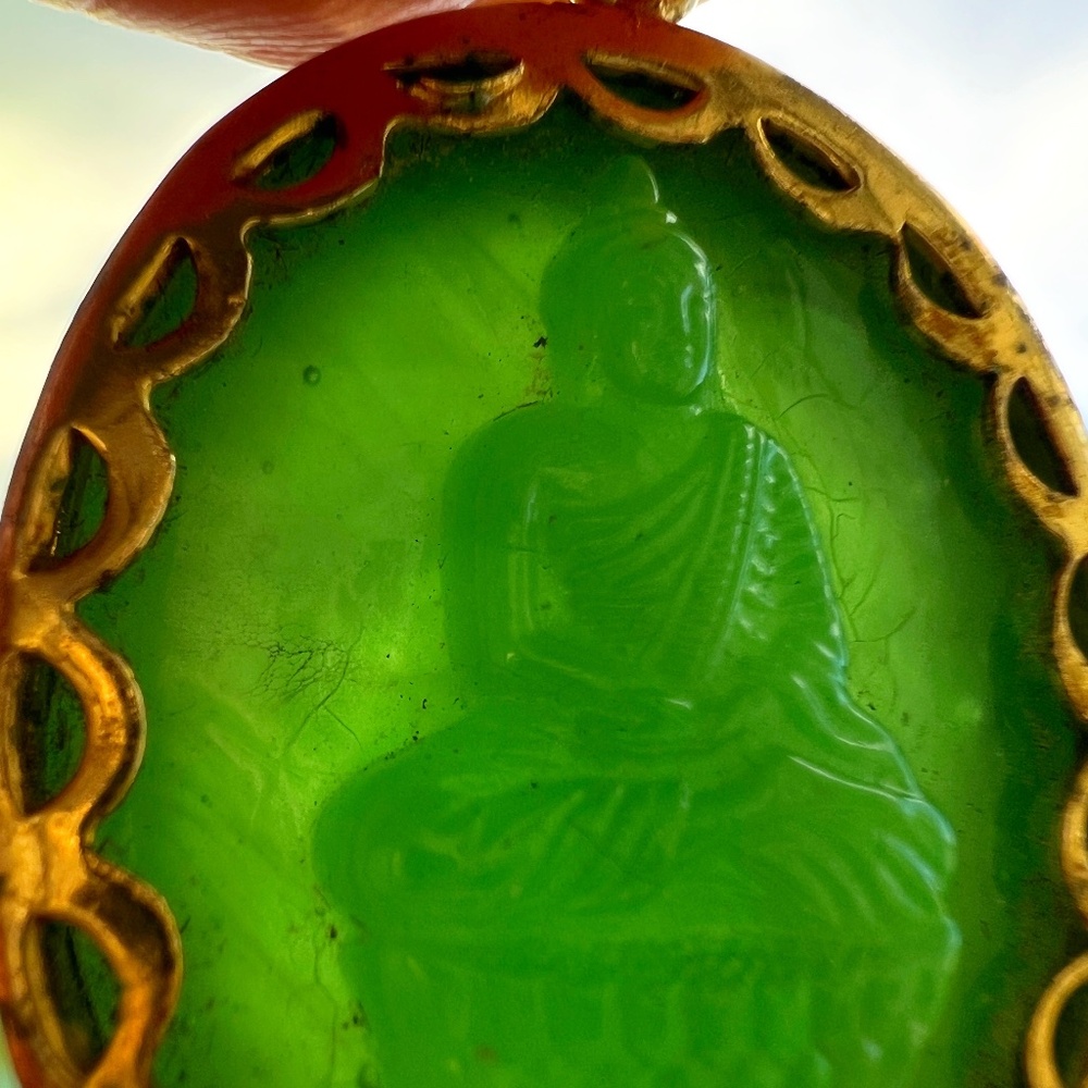 SOLD! Vintage Green Glass Buddha Pendant | Dhyana Mudra | Mid-Century